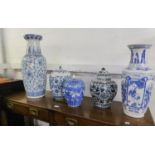 BLUE AND WHITE ORIENTAL POTTERY TO INCLUDE; A LARGE HEXAGONAL SHAPED VASE, 47cm high, A TALL