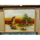 ORIENTAL OIL PAINTING ON PANEL, SMALL SAILING BOATS AND AN ISLAND, SIGNED
