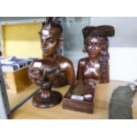 TWO BALINESE CARVED BUSTS OF MALE AND FEMALE, MAHOGANY BOX HAVING BRASS INLAY AND A BALINESE