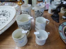 THREE POTTERY ?DUNDEE? MARMALADE JARS AND THREE VICTORIAN CHINA SOUVENIR MUGS ?A PRESENT FROM