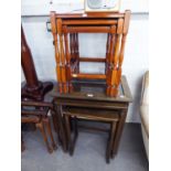 A NEST OF THREE GERMAN OAK TABLES, THE LARGEST HAVING GLASS INSET TOP, ALSO ANOTHER NEST OF THREE