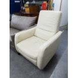 'ITAL' CREAM LEATHER UPHOLSTERED REVOLVING AND RECLINING ARMCHAIR, ON ALUMINIUM CIRCULAR BASE