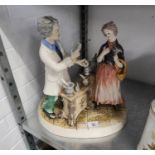 A MODERN CAPO DI MONTE STYLE POTTERY FIGURE GROUP AND A REPRODUCTION ARTIST SIGNED COLOUR PRINT