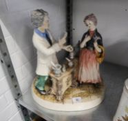 A MODERN CAPO DI MONTE STYLE POTTERY FIGURE GROUP AND A REPRODUCTION ARTIST SIGNED COLOUR PRINT