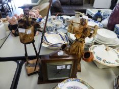 A SMALL OAK CASED BAROMETER AND TWO PAPER AND POTTERY FIGURES (3)