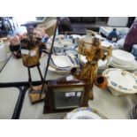 A SMALL OAK CASED BAROMETER AND TWO PAPER AND POTTERY FIGURES (3)