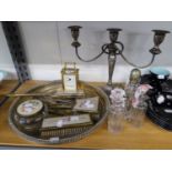 WIDDOP BRASS CARRIAGE CLOCK, FOUR PIECE DRESSING TABLE SET, CANDELABRUM, CUTLERY, ELECTROPLATE