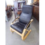 MODERN LEATHER AND BLOND WOOD ARMCHAIR