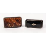 19th CENTURY BLACK LACQUERED PAPIER MACHE OBLONG SNUFF BOX with pewter inlay 2 3/4" x 1 1/4" (6.9