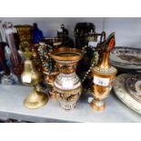 TWO CHOKIN JAPANESE VASES, FIVE PIECES OF GREEK SOUVENIR POTTERY AND FOUR SIMILAR COPPER