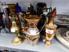 TWO CHOKIN JAPANESE VASES, FIVE PIECES OF GREEK SOUVENIR POTTERY AND FOUR SIMILAR COPPER