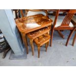 ITALIAN MARQUETRY INLAID NEST OF TRIO COFFEE TABLES, THE BOTTOM TABLE BEING A MUSIC BOX