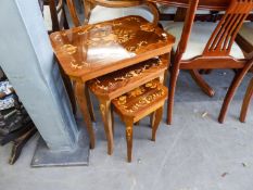 ITALIAN MARQUETRY INLAID NEST OF TRIO COFFEE TABLES, THE BOTTOM TABLE BEING A MUSIC BOX