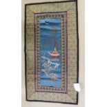 A SMALL ORIENTAL SILK OF A PAGODA AND A PERSON ON A BRIDGE