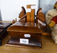 WALNUTWOOD OBLONG MONEY BOX AND A PAIR OF CARVED WOOD DOG BOOKENDS