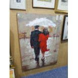 A MODERN OIL PAINTING ON CANVAS OF A COUPLE UNDER AN UMBRELLA, (UNSIGNED)