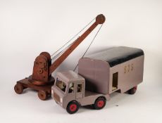 CIRCA 1950s/60s PAINTED WOOD MODEL OF AN ARTICULATED LORRY AND TWO WHEEL TRAILER, with simple peg