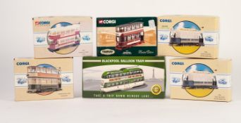 FIVE CORGI CLASSICS MINT AND BOXED DIE CAST MODELS OF DOUBLE AND SINGLE DECK TRAMS, includes;