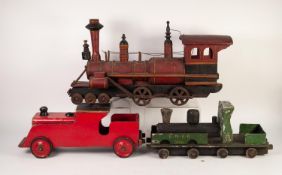 POST-WAR PAINTED WOOD AND CAST IRON LARGE SCALE MODEL OF AN AMERICAN STEAM LOCOMOTIVE 6-4-0 in red