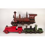 POST-WAR PAINTED WOOD AND CAST IRON LARGE SCALE MODEL OF AN AMERICAN STEAM LOCOMOTIVE 6-4-0 in red