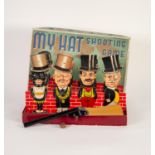 CHAD VALLEY VINTAGE BOXED GAME, My Hat Shooting Game, with four figures with loose tops hats to