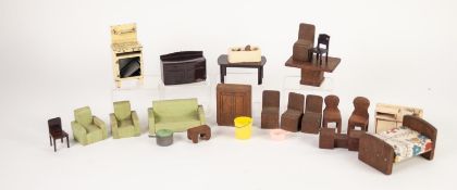SELECTION OF VINTAGE, CIRCA 1930s AND LATED, DOLLS HOUSE FURNITURE AND EFFECTS, included a green