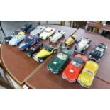 SIXTEEN APPROXIMATELY 1:18 SCALE DIE CAST MODELS OF CLASSIC CARS, makers include Polistil, Morgan