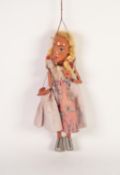 BOXED PELHAM PUPPETS GIRL WITH PLAITED BLONDE HAIR, painted features to sharp featured head,