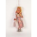 BOXED PELHAM PUPPETS GIRL WITH PLAITED BLONDE HAIR, painted features to sharp featured head,