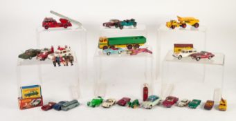 BOX OF PLAYWORN DIE CAST AND PLASTIC TOY VEHICLES, etc, makers include Lesney Matchbox, Corgi,