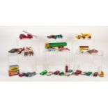 BOX OF PLAYWORN DIE CAST AND PLASTIC TOY VEHICLES, etc, makers include Lesney Matchbox, Corgi,