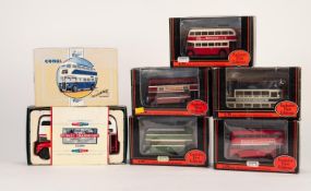 FIVE E.F.E. MINT AND BOXED 1:76 SCALE DIE CAST MODELS OF CLASSIC DOUBLE DECKER BUSSES AND TRAM CARS,
