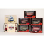 FIVE E.F.E. MINT AND BOXED 1:76 SCALE DIE CAST MODELS OF CLASSIC DOUBLE DECKER BUSSES AND TRAM CARS,