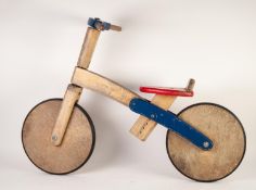 LATE 20th CENTURY CHILD'S PAINTED WOOD BALANCE BIKE, natural wood and blue with simple red painted