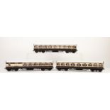 RAKE OF THREE KIT BUILT 'O' GAUGE NON CORRIDOR PASSENGER COACHES, in  L.N.W.R.  cream and brown with