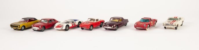 SEVEN CORGI TOYS CIRCA 1960's SPORTS CARS, to include; Lotus Elan S2 hard top, model No. 319, red