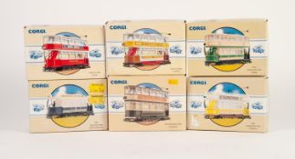 SIX CORGI CLASSICS MINT AND BOXED DIE CAST MODELS OF DOUBLE AND SINGLE DECK TRAMS, advertising to