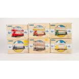 SIX CORGI CLASSICS MINT AND BOXED DIE CAST MODELS OF DOUBLE AND SINGLE DECK TRAMS, advertising to