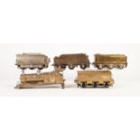 FOUR VARIOUS KIT BUILT 'O' GAUGE BRASS MODELS OF SIX WHEEL LOCOMOTIVE TENDERS, (unpainted, fair