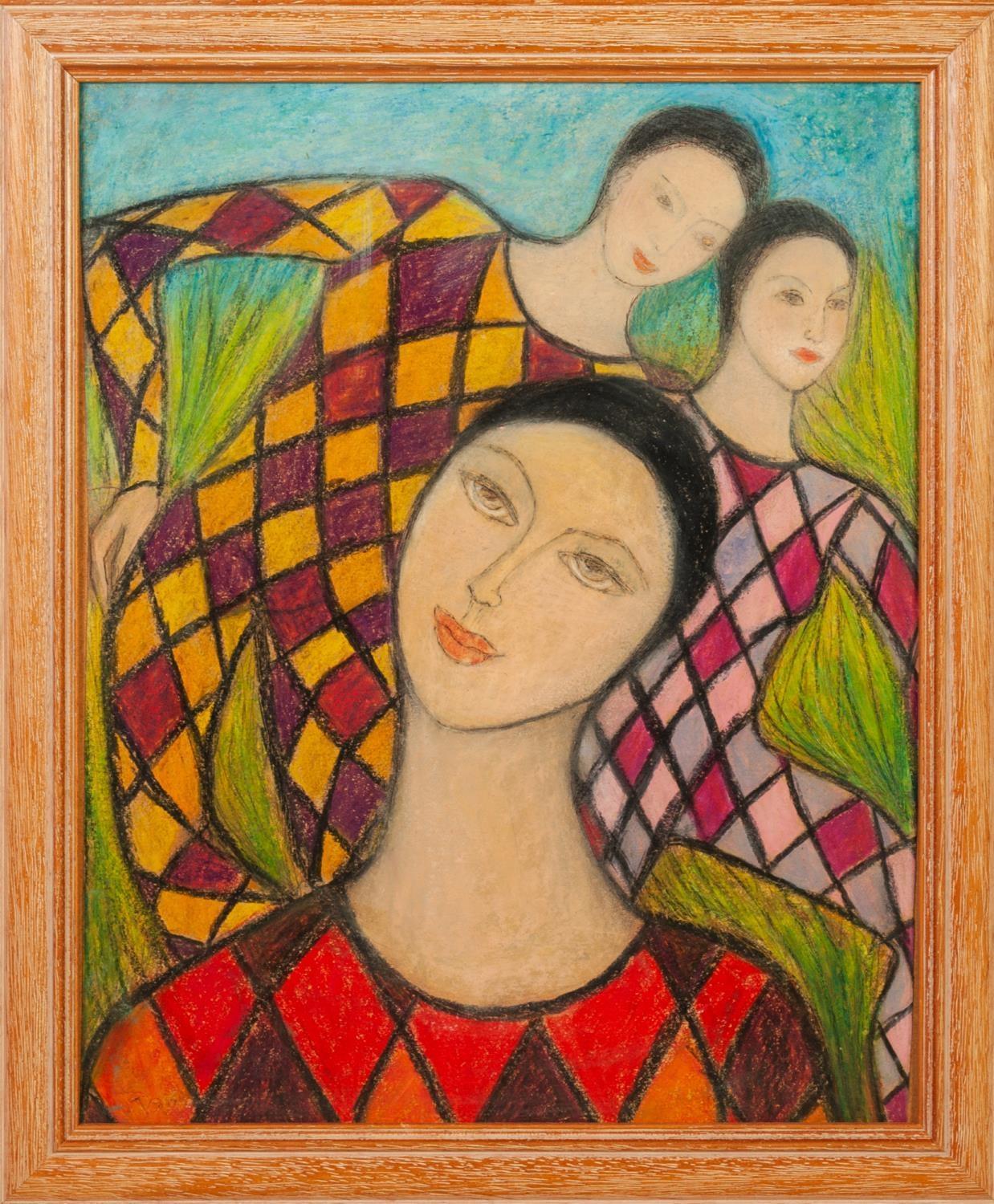 GOLDA ROSE (1921-2016) MIXED MEDIA ON BOARD Harlequin Family Incised signature 13? x 10 ½? (33cm x - Image 2 of 2