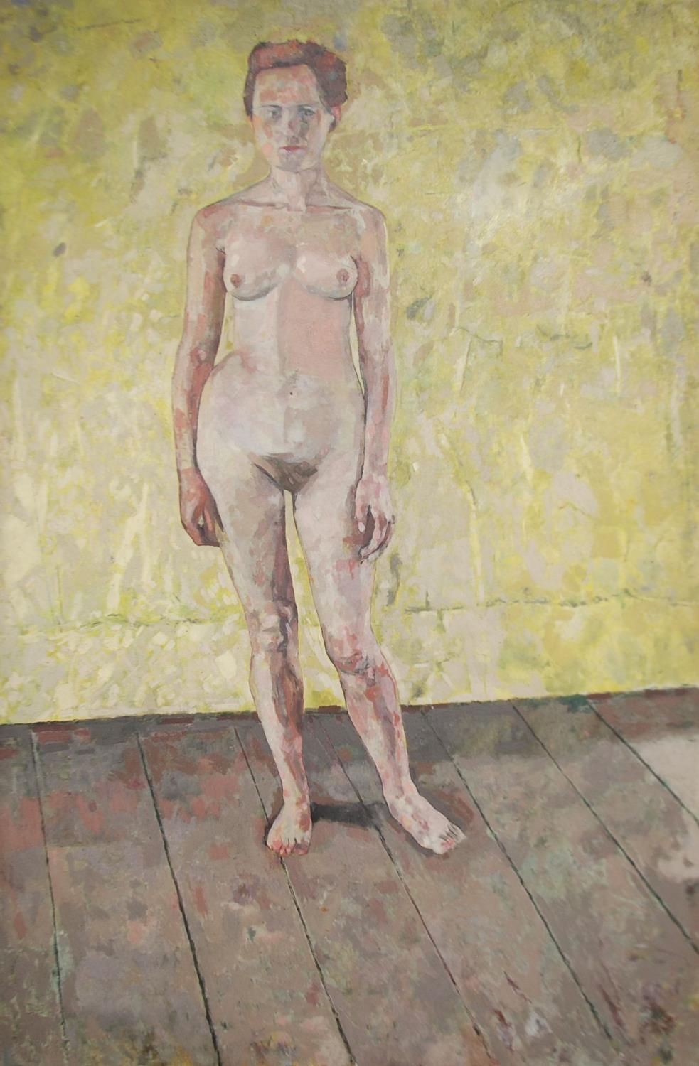 DAVID WILD (1931-2014) OIL ON BOARD ?Judith?, standing female nude Signed verso and bears Royal