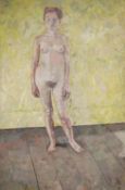 DAVID WILD (1931-2014) OIL ON BOARD ?Judith?, standing female nude Signed verso and bears Royal