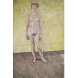 DAVID WILD (1931-2014) OIL ON BOARD ?Judith?, standing female nude Signed verso and bears Royal