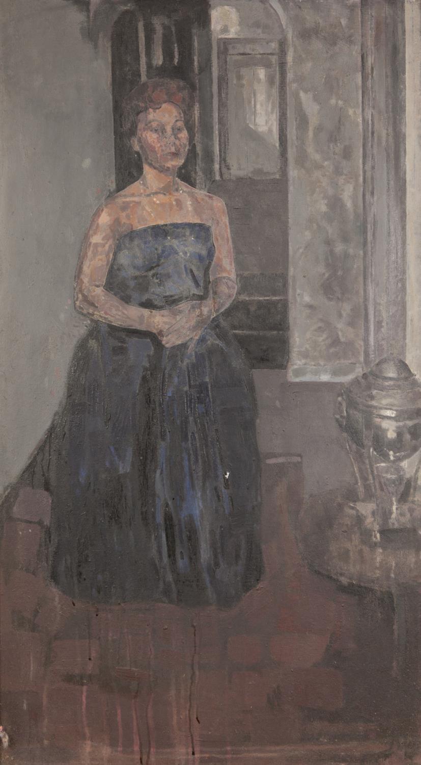 DAVID WILD (1931-2014) OIL ON BOARD Seated female figure in blue dress Signed verso and bears two