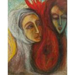 GOLDA ROSE (1921-2016) MIXED MEDIA ON PAPER ?The Prodigal?, two figures and a burning flame