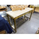 AN OBLONG SIDE TABLE, WITH MARBLE TOP ON A SQUARE SECTION, SATIN BRASS UNDERFRAME WITH FOUR STRAIGHT