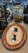 LARGE JAPANESE DECORATED VASE (A.F.), AND AN OVAL POTTERY MEAT PLATTER MADE IN SOUTH AFRICA HAVING