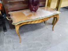 LOUIS XVI STYLE WALNUT OBLONG COFFEE TABLE WITH SERPENTINE OUTLINE, CHEQUERED PARQUETRY TOP, WITH