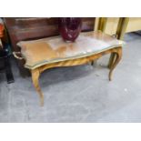 LOUIS XVI STYLE WALNUT OBLONG COFFEE TABLE WITH SERPENTINE OUTLINE, CHEQUERED PARQUETRY TOP, WITH