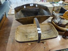 'THE TRUGGERY' SUSSEX BASKET, WITH HANDLE (WORMED) AND ANOTHER SIMILAR BUT OLDER (2)